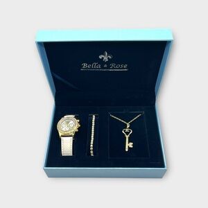 NIB - Bell & Rose Gift Box Jewelry Matching Set: Watch, Bracelet, Necklace (Key)